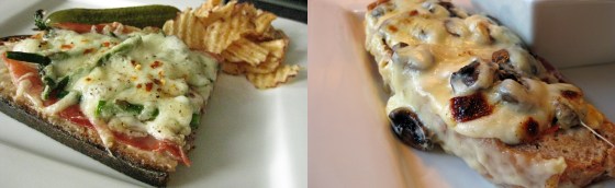     Proscuitto and broccoli rabe tartine on the left, and a mushroom tartine on the right.