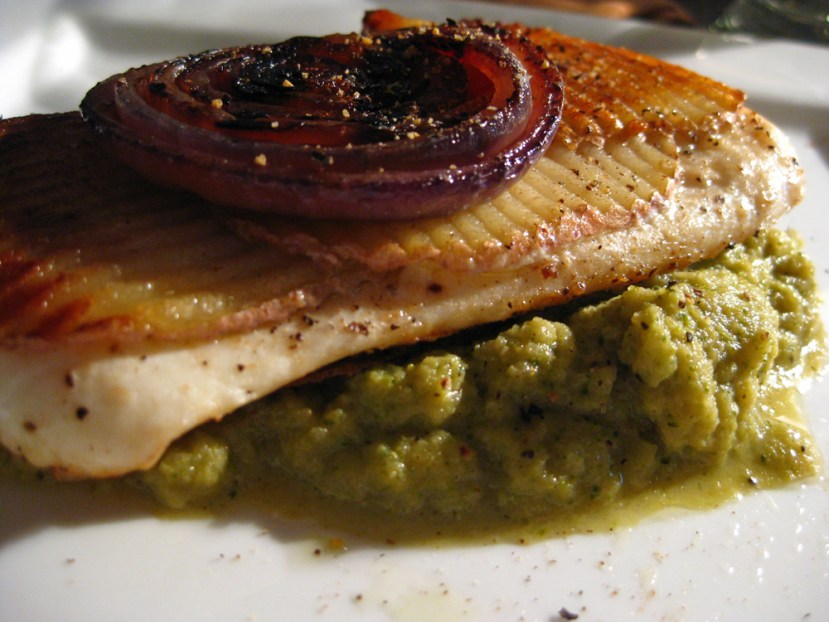 Potato crusted halibut with broccoli puree and roasted red onions
